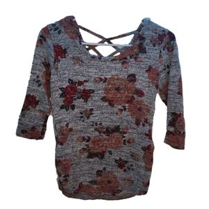 No Boundaries Floral Grey Sweater Top Crimped Sides